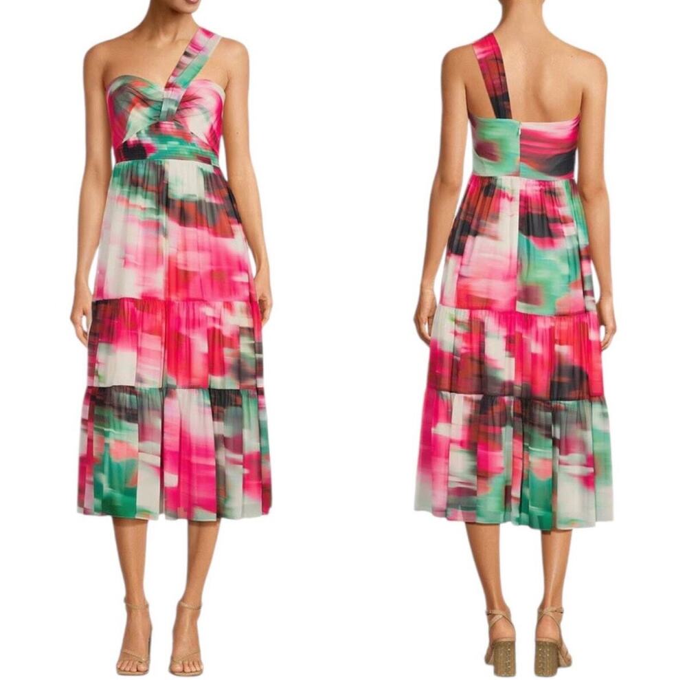Belle Badgley Mischka Dress WMNS 4 One Shoulder Abstract Watercolor Midi Formal